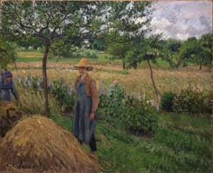 Gärtner steht neben einem Heuhaufen, bewölkter Himmel, Éragny von Camille Pissarro