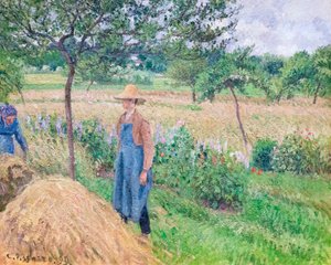 Gärtner neben einem Heuhaufen, bewölkter Himmel, Eragny von Camille Pissarro