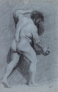 Studie eines männlichen Aktes, der an einer Wand steht und nach rechts schaut, 1856-1860