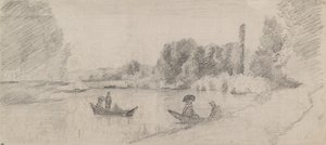 Studie einer Flusslandschaft mit Booten, 1863-1864 von Camille Pissarro