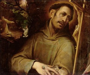 Der heilige Franziskus verehrt das Kreuz mit der Stigmatisation des heiligen Franziskus im Hintergrund von Camillo (after) Procaccini