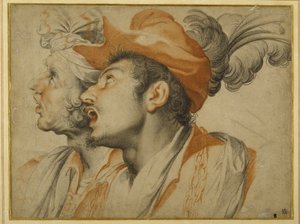 Groteske von zwei modisch gekleideten Männern, die singen von Camillo Procaccini