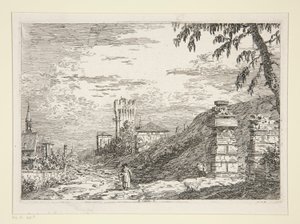 Landschaft mit Turm und zwei zerstörten Säulen, aus der Serie Vedute von Canaletto (Giovanni Antonio Canal)