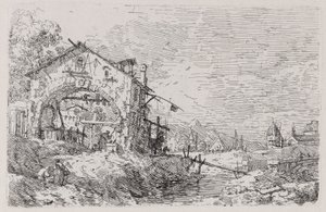 Landschaft mit einer Frau an einem Brunnen, aus der Serie Vedute (Ansichten) von Canaletto (Giovanni Antonio Canal)