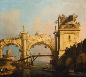 Ein Capriccio einer zerstörten Renaissance-Arkade und eines Pavillons an einem Wasserweg, der von einer Holzbrücke überquert wird, ein Orientalischer in einem exotisch dekorierten Boot im Vordergrund von Giovanni Antonio Canal