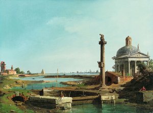 Ein Schloss, eine Säule und eine Kirche neben einer Lagune von Giovanni Antonio Canal