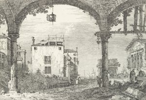 Ein dreibogiges Portikus mit einer offenen Laterne in der Mitte, ein Triumphbogen und Ruinen von Canaletto