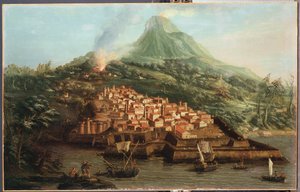 Eine Vulkaninsel mit einem Hafen und Schiffen von Giovanni Antonio Canal