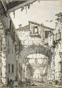 Capriccio: Eine von Bögen durchquerte Straße (recto) Skizzen von Tür, Treppe und zweitem Stockwerk eines Gebäudes (verso)