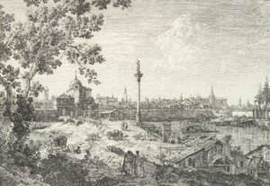 Imaginäre Ansicht von Padua, mit einem Campanile und einer Kuppelkirche links, einer Säule... von Canaletto