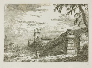 Landschaft mit Turm und zwei zerstörten Säulen, aus Vedute von Canaletto