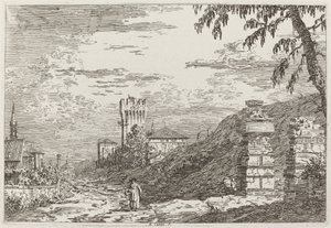 Landschaft mit Turm und zwei zerstörten Säulen [links], ca. 1735-1746 von Canaletto