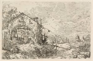 Landschaft mit einer Frau an einem Brunnen von Canaletto