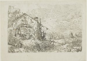 Landschaft mit einer Frau an einem Brunnen, aus Vedute von Canaletto