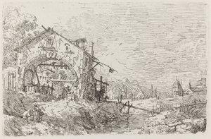 Landschaft mit einer Frau an einem Brunnen von Canaletto