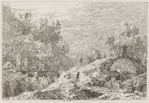 Berglandschaft mit fünf Brücken [unten rechts], ca. 1735-1746 von Canaletto