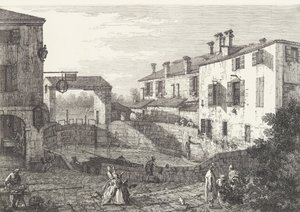 Die Schleusen von Dolo, ein ovales Becken mit Booten in der Mitte, Gebäude auf beiden Seiten,..., 1735-46