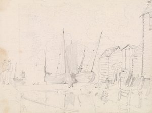 Skizze von gestrandeten Segelbooten und Stelzenhäusern, Hastings