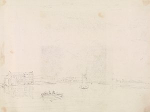 Skizze von Booten und einem großen Gebäude, vom anderen Ufer des Medina-Flusses von Capt. Thomas Hastings
