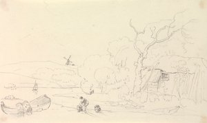 Skizze einer Hütte am Fluss mit einer Windmühle in der Ferne von Capt. Thomas Hastings