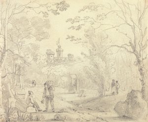 Skizze einer Parkszene mit East Cowes Castle in der Ferne, Isle of Wight