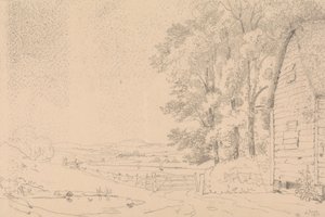 Skizze eines strohgedeckten Gebäudes und eines Flusses dahinter von Capt. Thomas Hastings