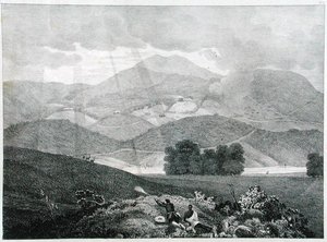 Ansicht eines Teils des Sees und der Cottages in Ottacamund, Neelgherry Mountains, Tafel 3 aus View of the Neilgherries, or Blue Mountains of Coimbetoor, Southern India von Captain McCurdy, veröffentlicht 1830 von Captain E. A. after McCurdy