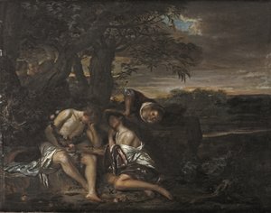 Ein schlafendes Paar, entdeckt von drei Frauen in einer arkadischen Landschaft von Carel De Moor II (attr. to)