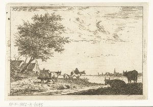 Flusslandschaft mit Bauer und Kühen bei Bauernhof von Carel Frederik Bendorp (I)