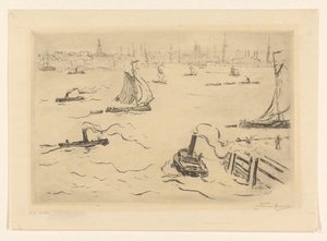 Fluss mit Schiffen bei einer Stadt von Carel Nicolaas Storm van 