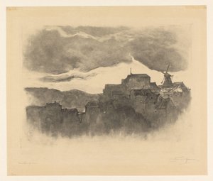 Stadt mit Mühle auf einem Hügel von Carel Nicolaas Storm van 