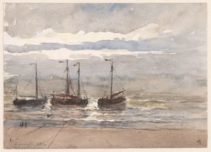 Fischerboote am Strand von Katwijk bei auflaufender Flut