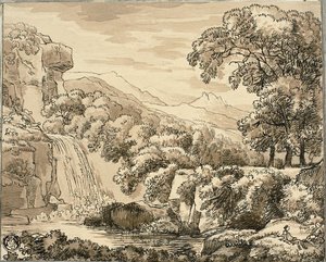 Berglandschaft mit Wasserfall und Figuren