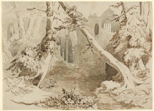 Eine zerstörte Kirche im Wald von Carl Blechen