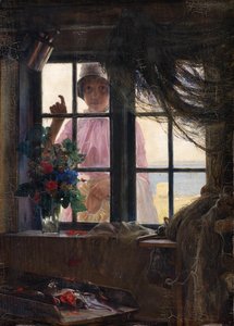 Nach dem Bad. Ein junges Mädchen klopft an das Fenster des Fischers