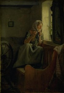 Eine alte Bäuerin, die aus einem Fenster schaut von Carl Bloch