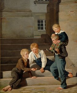 Jungen spielen Würfel vor Schloss Christiansborg, Kopenhagen, 1834 von Carl Christian Constantin Hansen
