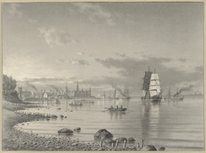 Schiffe auf dem Öresund mit Helsingör und Schloss Kronborg in der Ferne