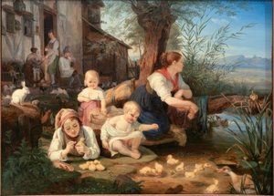 Mutter mit Kindern am Dorfweiher