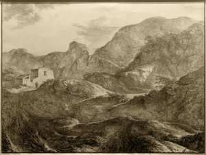Gebirgslandschaft, links ein Haus mit einem Wanderer davor