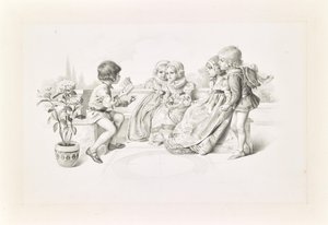 Kinder, in mittelalterlichem Kostüm einem Sänger lauschend von Carl Fröschl