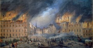 Schlacht an der Sternbarrikade in Jägerzeile am 28. Oktober 1848, Revolution in Wien, Feuer in der Stadt, Gemälde von Carl Goebel (1824-1899), Österreich von Carl Goebel