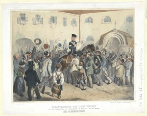 Proklamation der Verfassung auf dem Versammlungsplatz der Nationalgarde im Freihaus auf der Wieden am 15. März 1848 von Carl Goebel