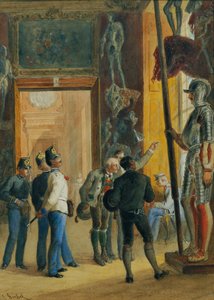 Österreichische Offiziere und zwei Tiroler besichtigen die Ambraser Sammlung im Unteren Belvedere