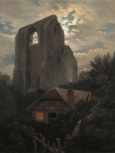 Ruinen des Eldena-Klosters mit Hütte bei Greifswald im Mondlicht, 1820