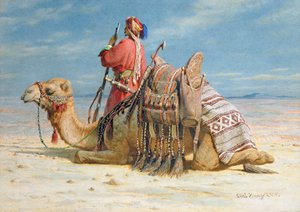Ein Nomade und sein Kamel ruhen sich in der Wüste aus, 1874