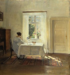 Eine Frau sitzt an einem Tisch am Fenster, ca. 1900