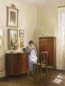 Innenraum mit nähender Dame, ca. 1910