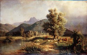 Bergige bewaldete Landschaft mit Pferden und Schafen von Carl Jutz