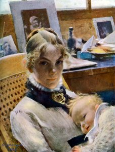Ein Atelier-Idyll: die Frau des Künstlers und ihre Tochter Suzanne von Carl Larsson